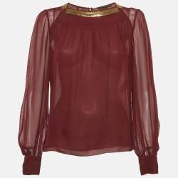 Pre Owned Louis Vuitton Burgundy Sheer Silk Gold Embellished Blouse M
