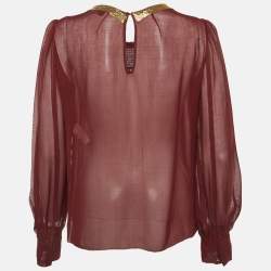 Pre Owned Louis Vuitton Burgundy Sheer Silk Gold Embellished Blouse M