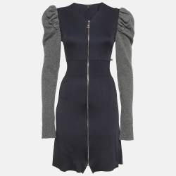Pre Owned Louis Vuitton Navy Blue/Grey Knit Zip-Up Mini Dress XS