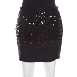 Louis Vuitton Black Sequin Grid Embellished Eyelet Lace Paneled Mini Skirt S