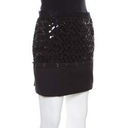 Louis Vuitton Black Sequin Grid Embellished Eyelet Lace Paneled Mini Skirt S