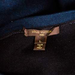 Pre Owned Louis Vuitton Navy Blue Knit Leather Pocket Trim Detail Long Sleeve Dress L