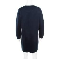 Pre Owned Louis Vuitton Navy Blue Knit Leather Pocket Trim Detail Long Sleeve Dress L