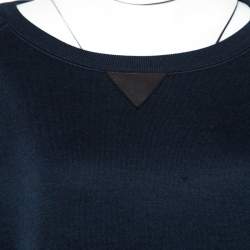 Pre Owned Louis Vuitton Navy Blue Knit Leather Pocket Trim Detail Long Sleeve Dress L