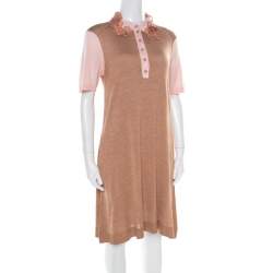 Louis Vuitton Beige Silk Knit Floral and Bead Applique Polo T-Shirt Dress L