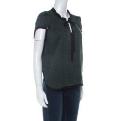 Louis Vuitton Green Monogram Embossed Silk Tie Neck Short Sleeve Top M