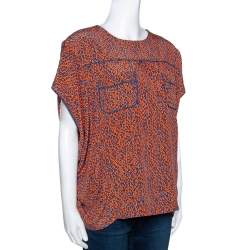 Pre Owned Louis Vuitton Orange & Blue Leopard Print Silk Oversized Blouse M