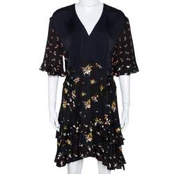 Louis Vuitton Black Floral Print Crepe Ruffled Dress M