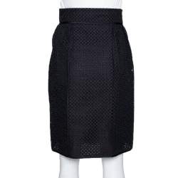 Pre Owned Louis Vuitton Black Cotton & Silk Lace Paneled Fitted Skirt S