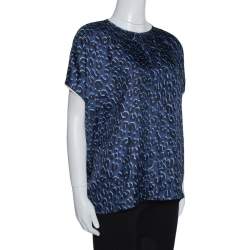 Pre Owned Louis Vuitton Dark Blue Leopard Print Silk Contrast Trim Blouse L