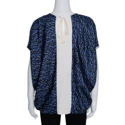 Pre Owned Louis Vuitton Dark Blue Leopard Print Silk Contrast Trim Blouse L