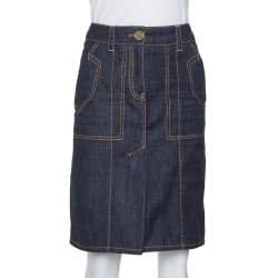 Pre Owned Louis Vuitton Dark Blue Denim Pleat Detail Skirt S