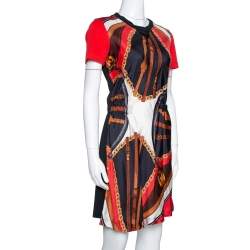 Louis Vuitton Black & Red Chain Link Print Silk Crew Neck Dress XS