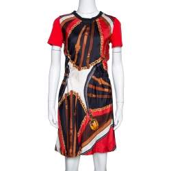Louis Vuitton Black & Red Chain Link Print Silk Crew Neck Dress XS