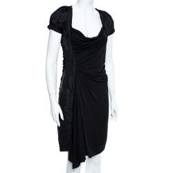 Pre Owned Louis Vuitton Black Jersey Ruffle Trim Ruched Dress M