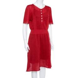 Pre Owned Louis Vuitton Red Rib Silk Knit Cinched Waist Dress L