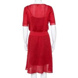 Pre Owned Louis Vuitton Red Rib Silk Knit Cinched Waist Dress L
