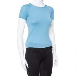 Pre Owned Louis Vuitton Powder Blue Cashmere Monogram Buttoned Top S