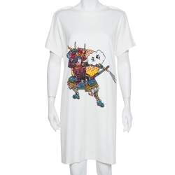 Pre Owned Louis Vuitton Cream Knit Sequin Embellished Samurai Detail T-Shirt Dress L