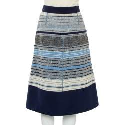 Pre Owned Louis Vuitton Navy Blue Striped Wool Tweed Knee Length Skirt M