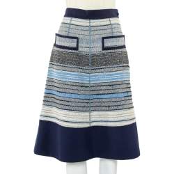 Pre Owned Louis Vuitton Navy Blue Striped Wool Tweed Knee Length Skirt M