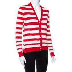 Pre Owned Louis Vuitton Red & Cream Striped Cotton Knit Pearl Button Front Cardigan XS