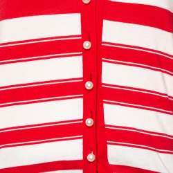 Pre Owned Louis Vuitton Red & Cream Striped Cotton Knit Pearl Button Front Cardigan XS