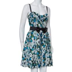 Pre Owned Louis Vuitton Blue Floral Printed Silk Belted Bustier Mini Dress M