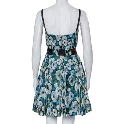 Pre Owned Louis Vuitton Blue Floral Printed Silk Belted Bustier Mini Dress M
