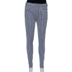 Louis Vuitton Navy Blue Striped Logo Jacquard Zipper Detail Skinny Trousers M