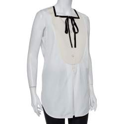 Pre Owned Louis Vuitton White Cotton Contrast Trim Neck Tie Detail Sleeveless Shirt L