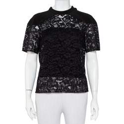 Pre Owned Louis Vuitton Black Lace & Silk Paneled Neck Tie Detail Top M