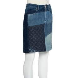 Pre Owned Louis Vuitton Indigo Colorblock Denim Monogrammed Patchwork Skirt M