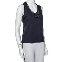 Pre Owned Louis Vuitton Navy Blue Cotton Knit Neck Charm Detail Tank Top L