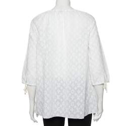 Pre Owned Louis Vuitton White Embroidered Cotton Paneled Neck Tie Detail Top L