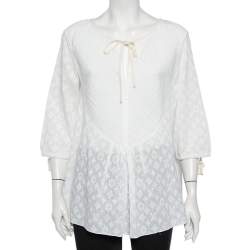 Pre Owned Louis Vuitton White Embroidered Cotton Paneled Neck Tie Detail Top L
