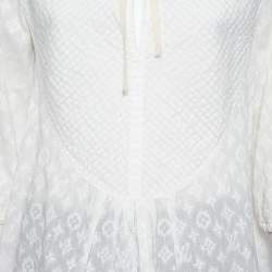 Pre Owned Louis Vuitton White Embroidered Cotton Paneled Neck Tie Detail Top L