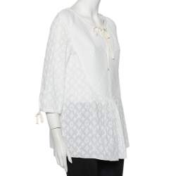 Pre Owned Louis Vuitton White Embroidered Cotton Paneled Neck Tie Detail Top L