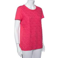 Pre Owned Louis Vuitton Pink Logo Embroidered Linen Applique Detail T-Shirt XL