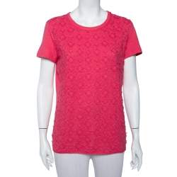 Pre Owned Louis Vuitton Pink Logo Embroidered Linen Applique Detail T-Shirt XL