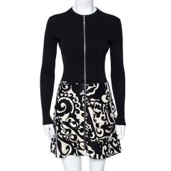 Pre Owned Louis Vuitton Black Rib Knit & Printed Wool Zip Front Mini Dress S