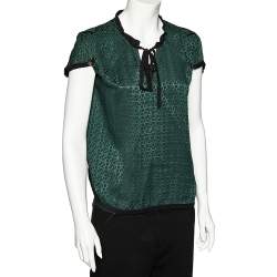 Louis Vuitton Green Logo Print Silk Tie Neck Blouse M
