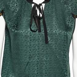 Louis Vuitton Green Logo Print Silk Tie Neck Blouse M