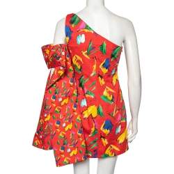 Pre Owned Louis Vuitton Red Printed One-Shoulder Billowed Sleeve Detailed Mini Dress S