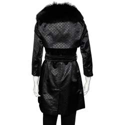 مملوكة مسبقًا Louis Vuitton Black Logo Monogram Lurex Silk Fur Collar Belted Trench Coat S