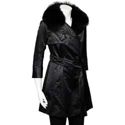 مملوكة مسبقًا Louis Vuitton Black Logo Monogram Lurex Silk Fur Collar Belted Trench Coat S