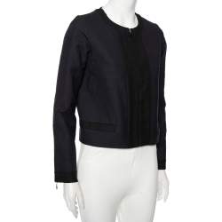 Louis Vuitton Navy Blue Checkered Wool Contrast Trim Zip Front Collarless Jacket M