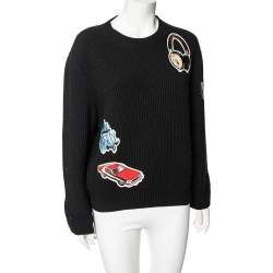 Pre Owned Louis Vuitton Black Wool Embroidered Patch Detailed Long Sleeve Jumper M