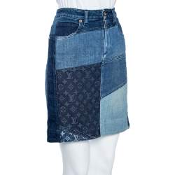 Pre Owned Louis Vuitton Indigo Colorblock Denim Monogrammed Patchwork Skirt M