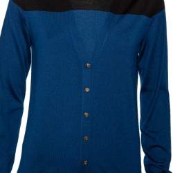 Louis Vuitton Blue-Black Paneled Silk Wool and Cashmere Top & Cardigan Set M